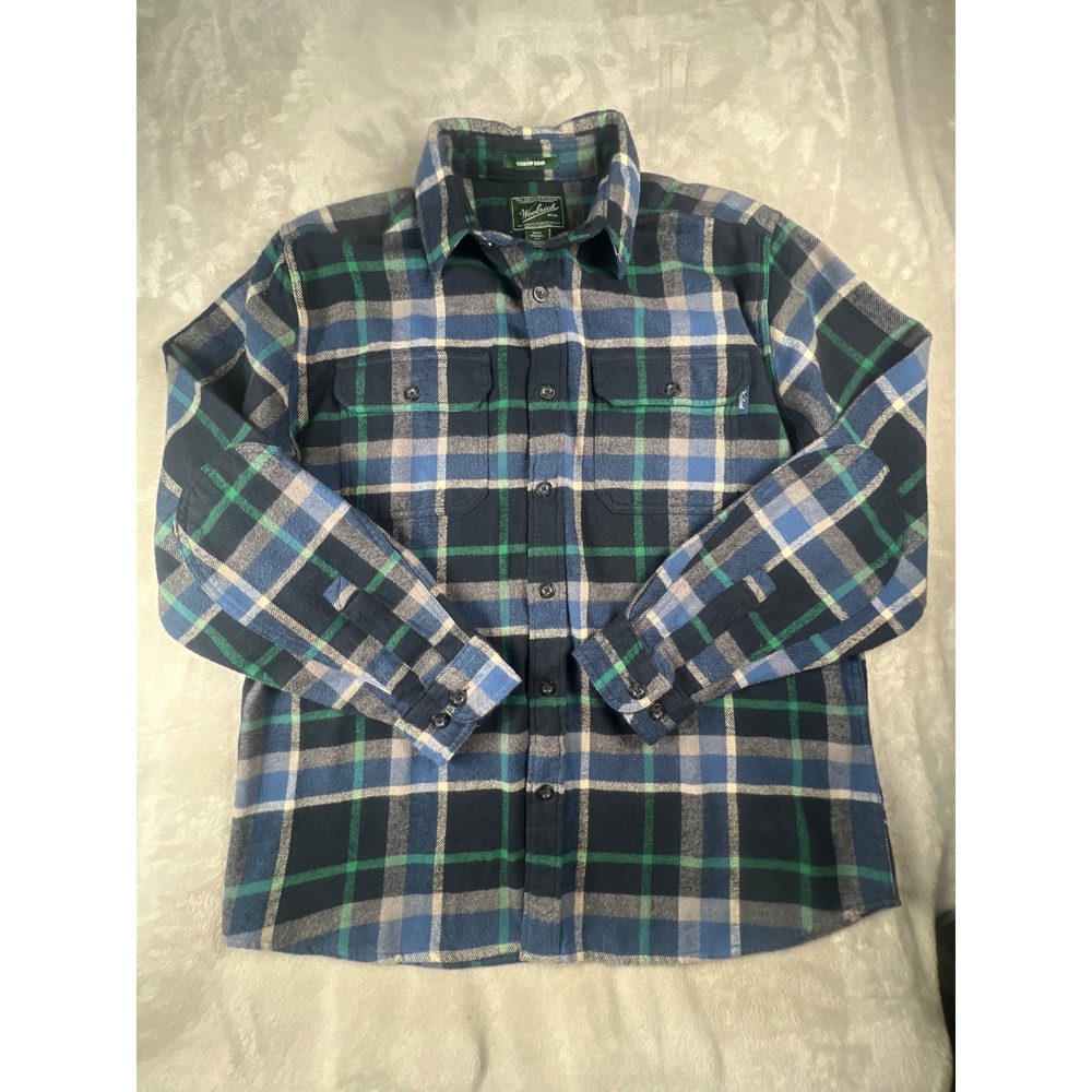 Woolrich Oxbow Bend Flannel Shirt Mens Large Blue Green Plaid Elbow Patches